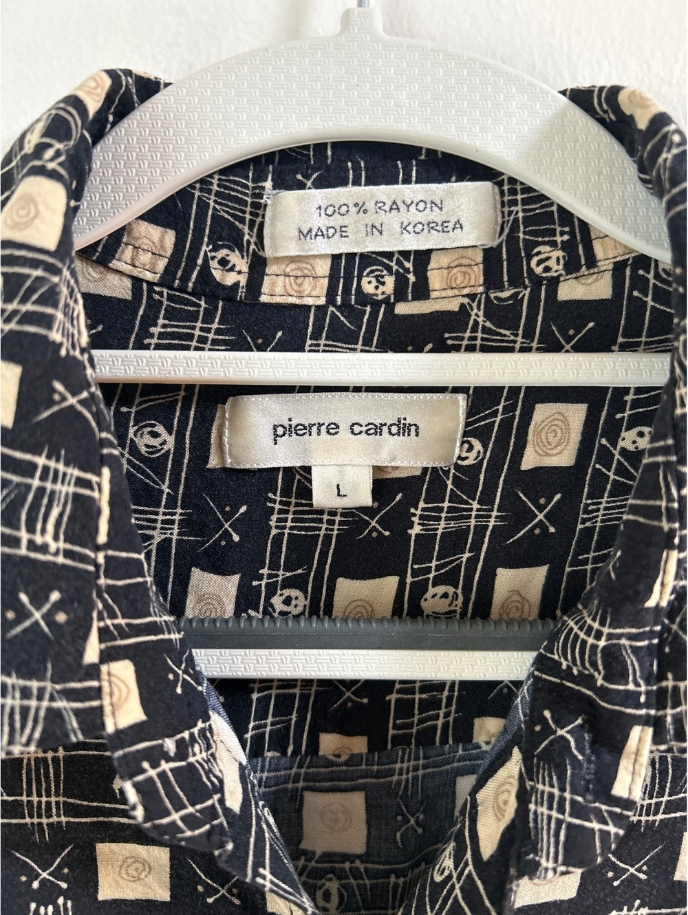 Vintage Pierre Cardin Black and Beige Rayon Button-Up Shirt Large - Picture 3 of 5